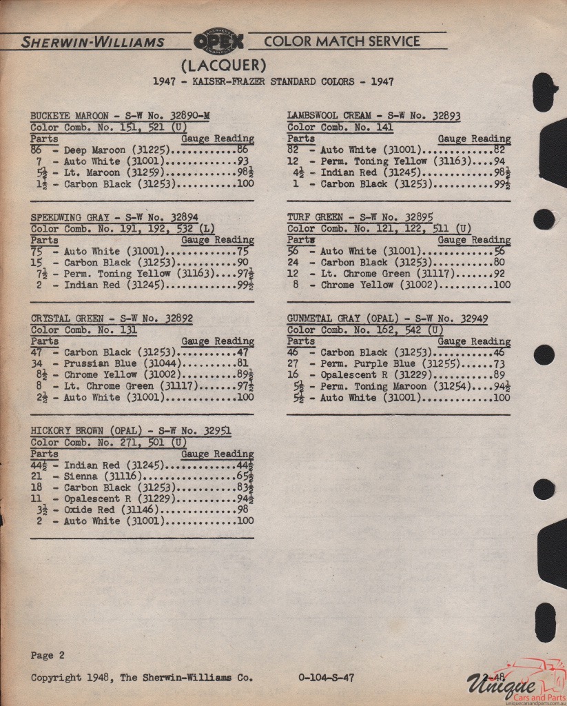 1947 Kaiser Paint Charts Williams 7